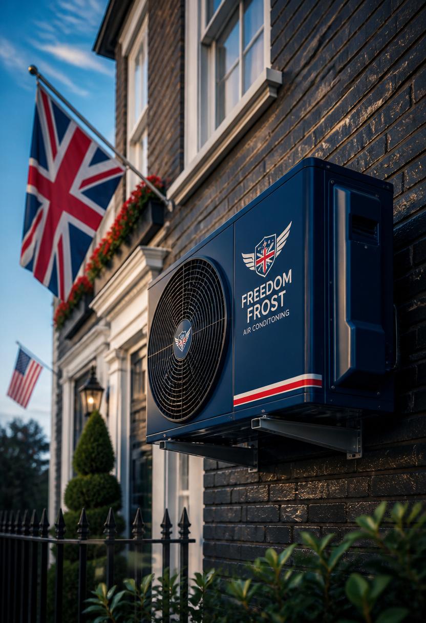 Freedom Frost outdoor unit on a British townhouse with Union Jack and American flag
