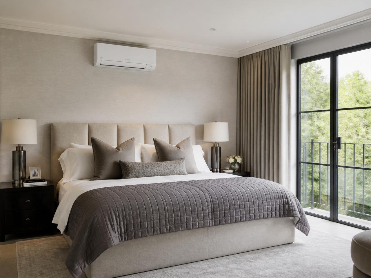 Elegant bedroom with discreet air conditioning unit above the headboard