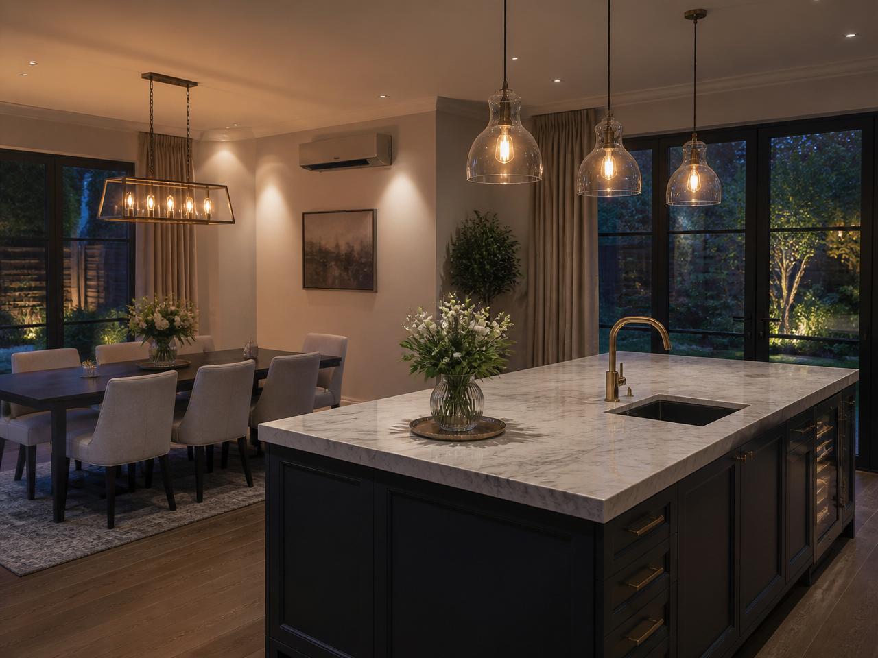 Open plan kitchen with sleek wall-mounted air conditioning