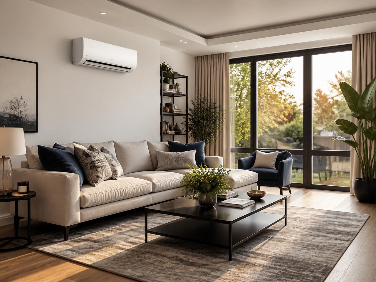 Modern living room with wall-mounted air conditioning unit
