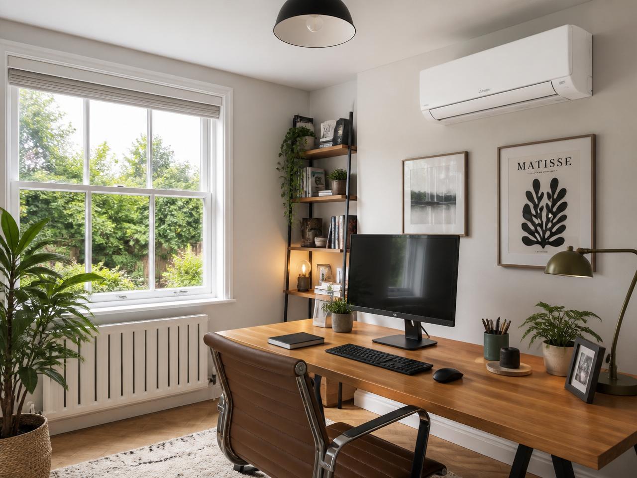 Bright home office with modern air conditioning unit